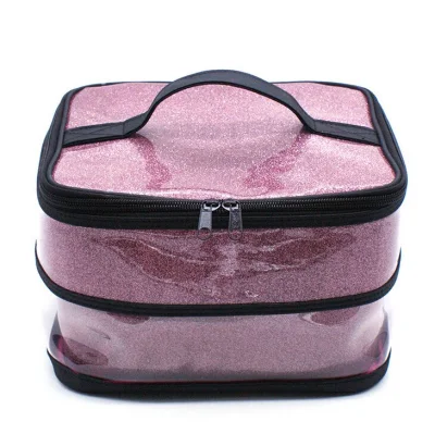 Bolsa de maquiagem em PVC Bolsa de cosméticos de dupla camada Bolsa de higiene para meninas